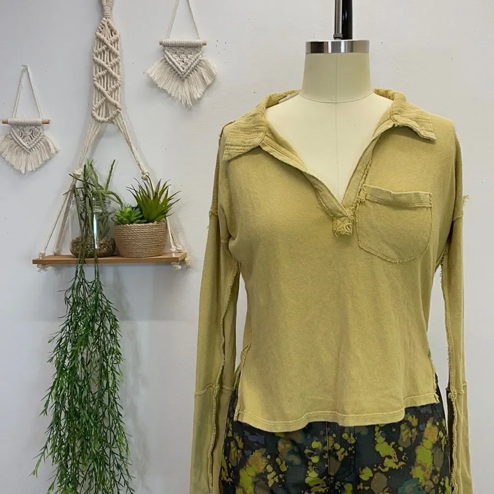 Free People L/S Mustard Top Collared V-Neck Cuffs